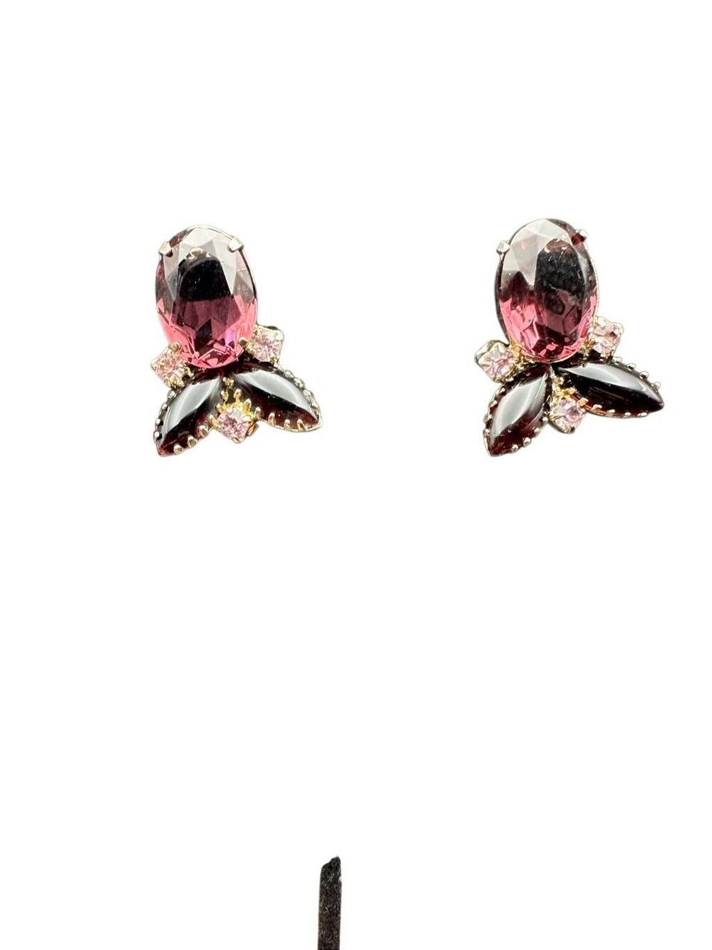 Vintage Fuchsia Purple & Black Rhinestone Cluster Clip On Earrings Gold Tone